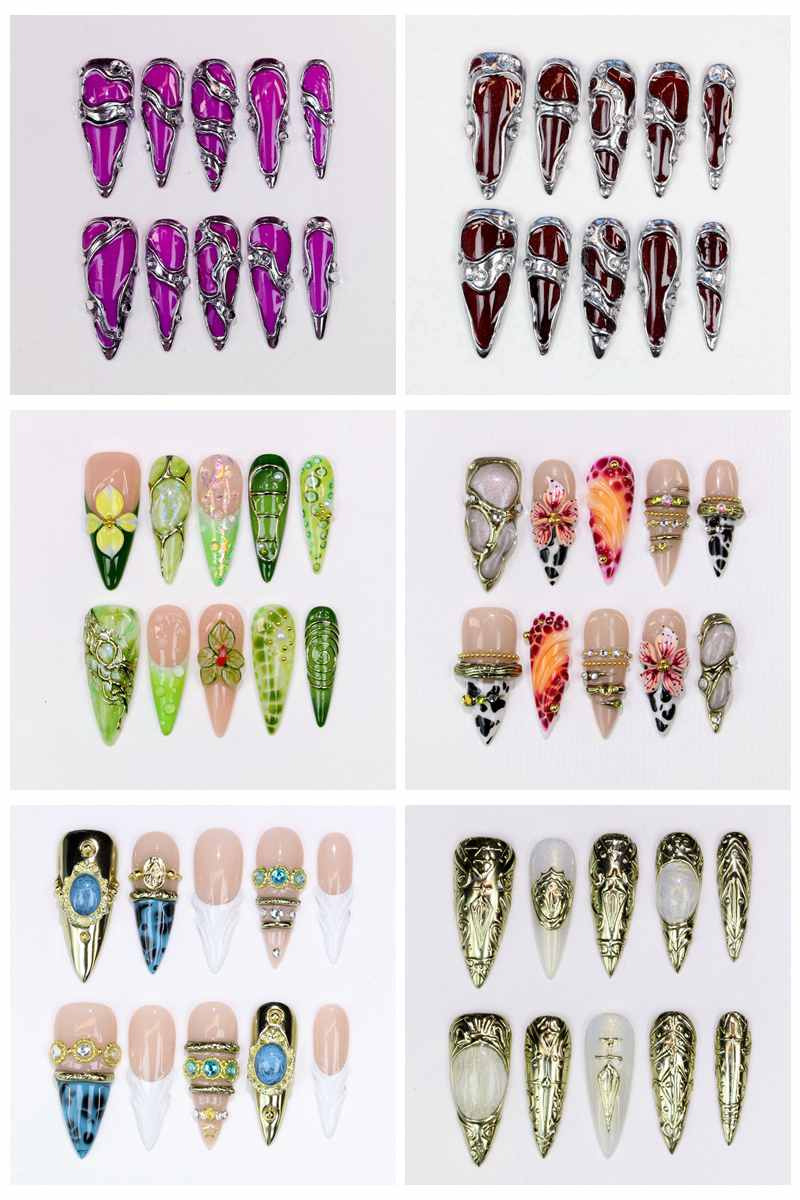 Resin Art With Flowers - 10Pcs Long Stiletto Press-On Nails Glossy